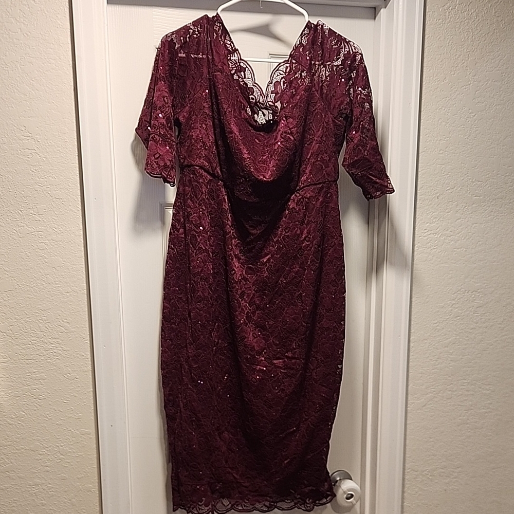Torrid Sequin and Lace Off Shoulder Elegant Burgundy Lace Dress